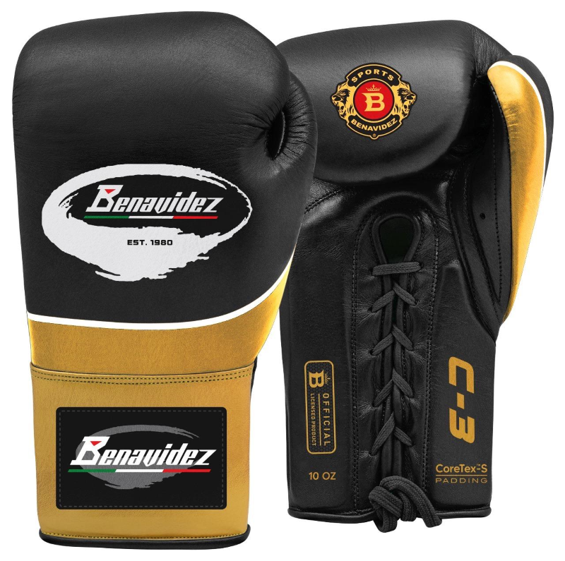 C3 Pro Lace-up Leather Gloves - Black w/ Gold Trim